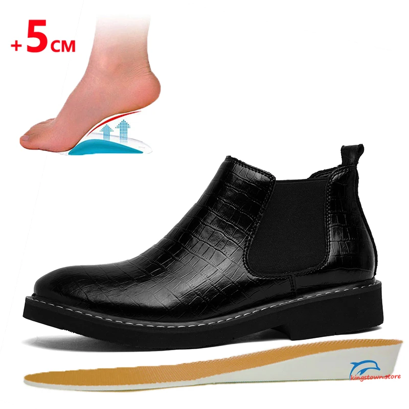 Boots  Chelsea Booster Shoes Business Men  Leather Ankle Lifts Wedding Formal Man Dress Height Increase Sole 5cm Plus Size 38-46