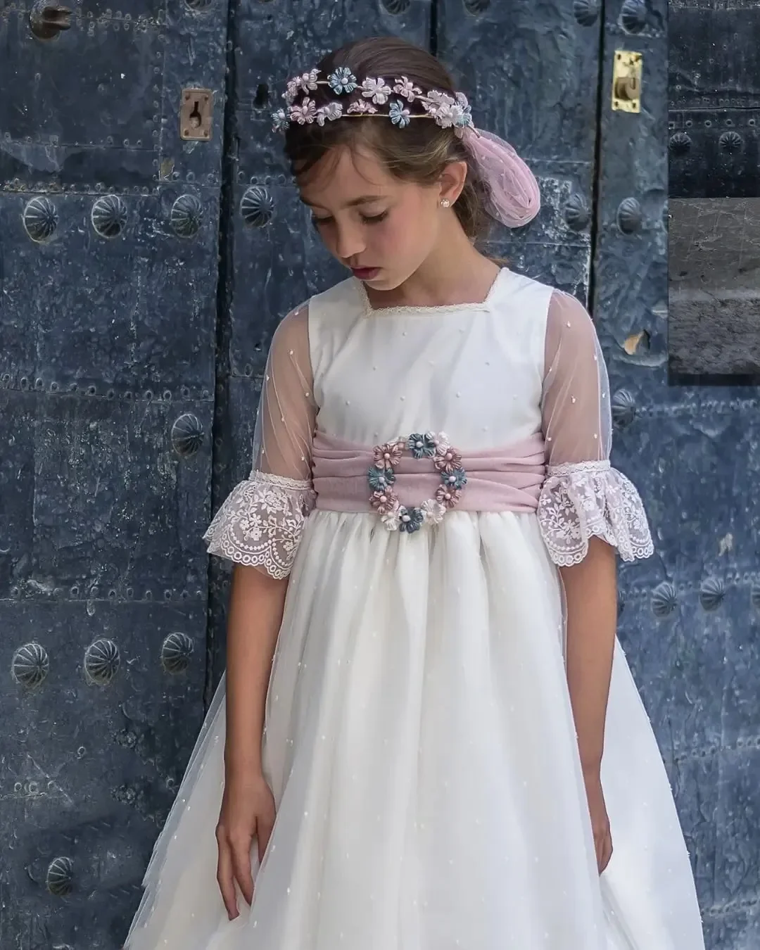 Vestido de comunhão vintage com renda para meninas, vestido de princesa, vestido de baile, meia manga, quadrado, formal, casamento, florista