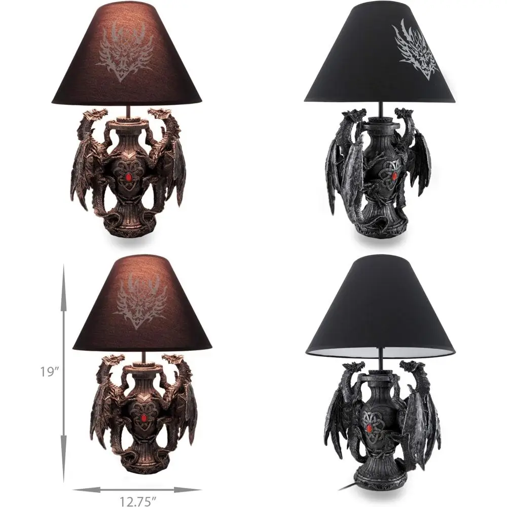 مصباح طاولة من الراتنج على شكل تنين من العصور الوسطى - طوله 19 بوصة - نمط خيالي داكن - تصميم قبلي من القماش الأسود - حراس الضوء القوطي