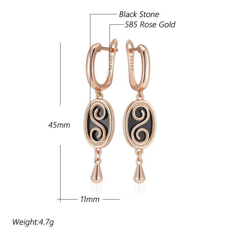 Kinel Hot Vintage Black Stone Dangle Earrings for Women Fashion 585 Rose Gold Color Accessories High Quality Daily Fine Jewelry