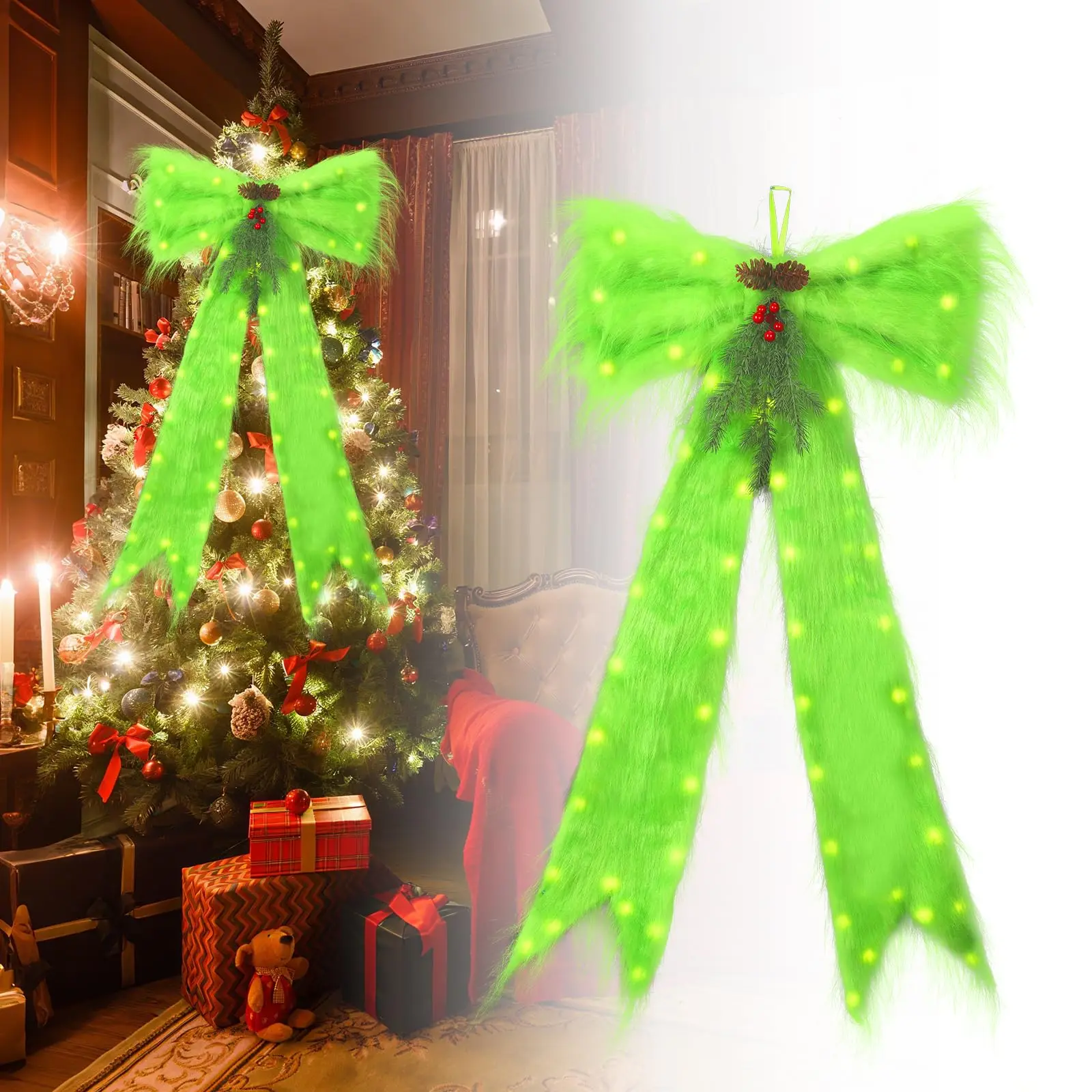 Light Up Christmas Bow Tree Topper 47 Inch Lime Green Furry Big Decorations LED Faux Fur Giant Hanging Ornaments for Xmas Home