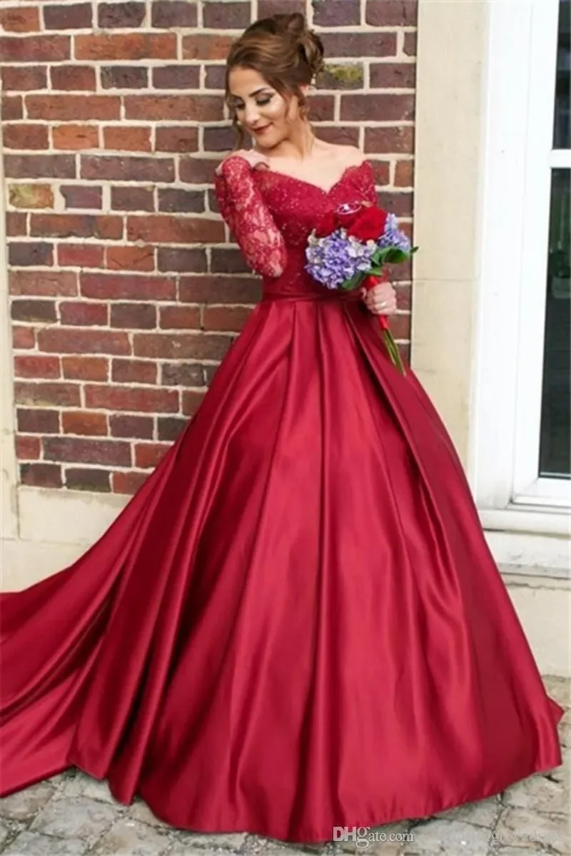 Satin Sexy Amazing Red Wedding Dresses V Neck Off The Shoulder With Long Lace Sleeves Floor Length Bridal Gowns Princesse