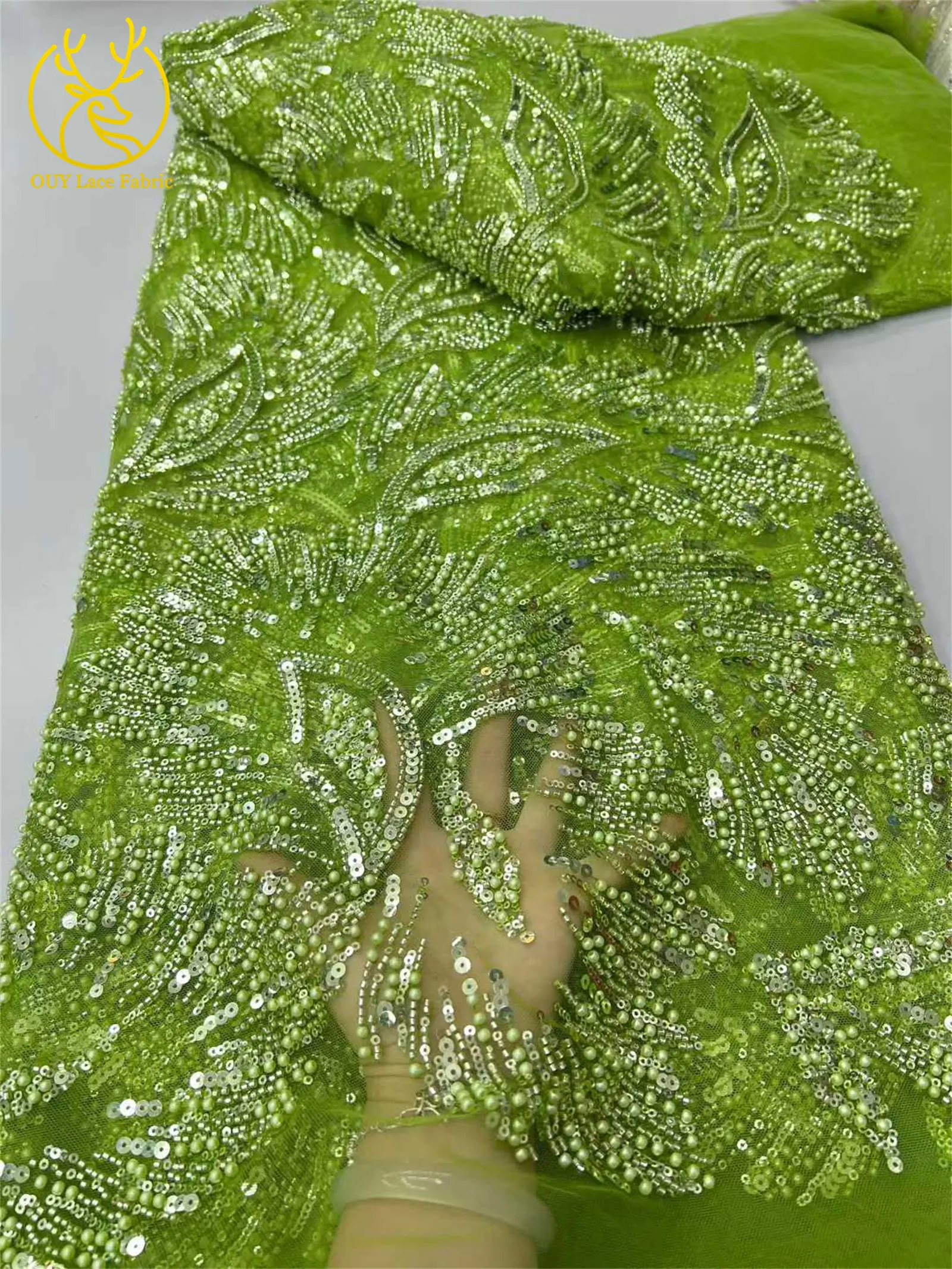Arancione Europeo Nuovo Design In Rilievo Maglia Tessuto di Pizzo Africano Francese Paillettes Tulle Tessuto di Pizzo Abiti da Sposa Cucito da Donna