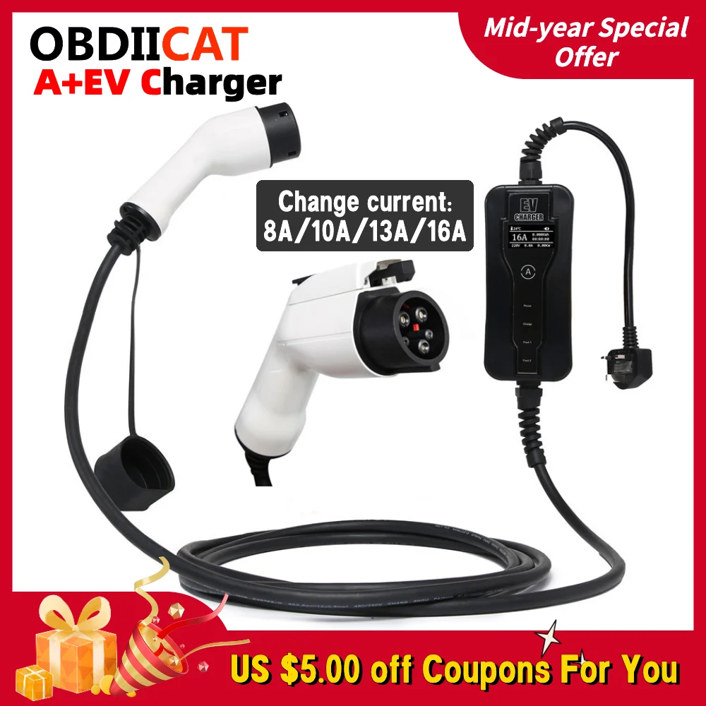 

EV Charger Type1 Type2 8/10/13/16A For Electric Vehicle Portable EVSE Charging Cable 5M EU Plug J1772