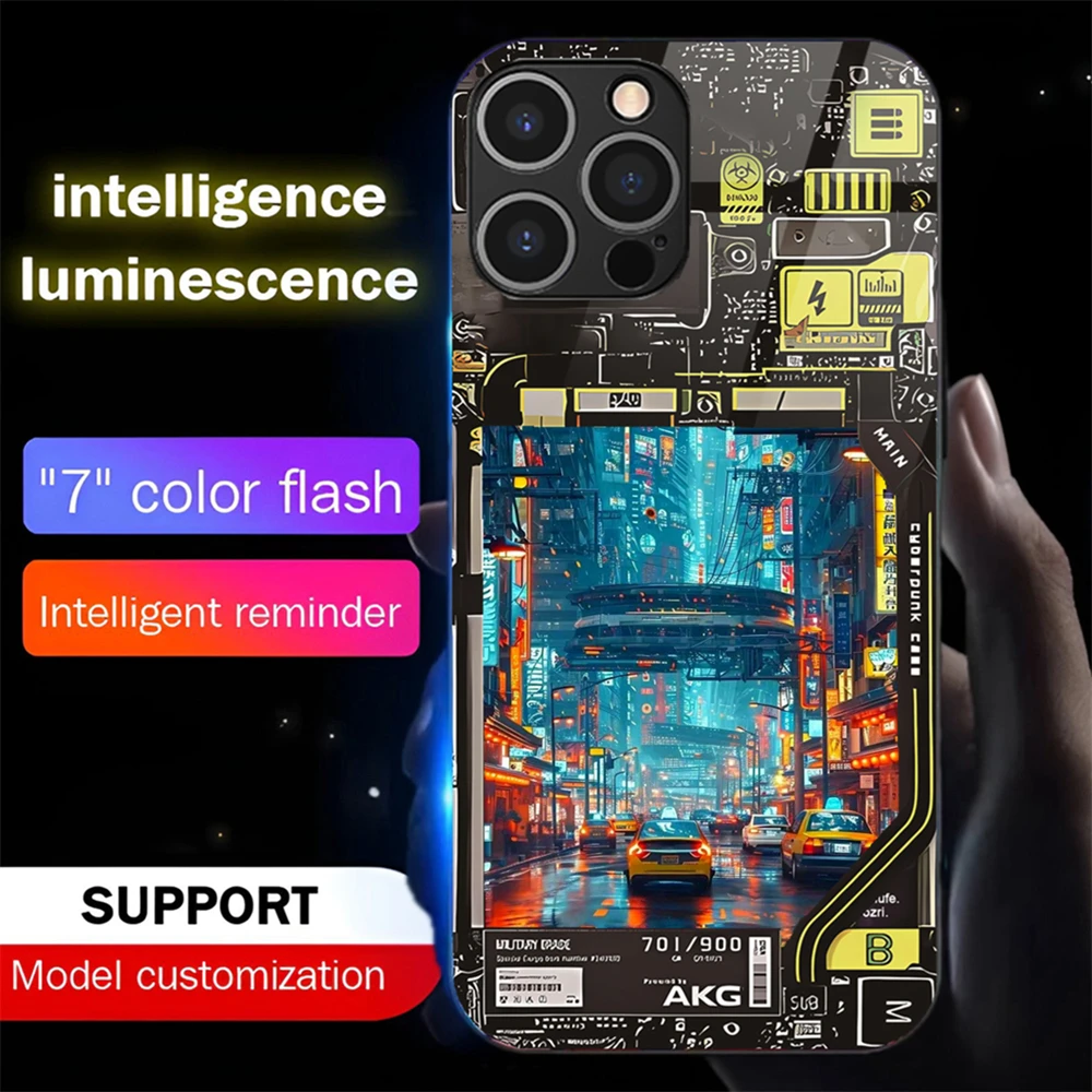 

Luxury Punk City Smart LED Light Glow Tempered Glass Phone Case For iPhone 16 E 15 14 13 12 11 Pro Max Plus X XR