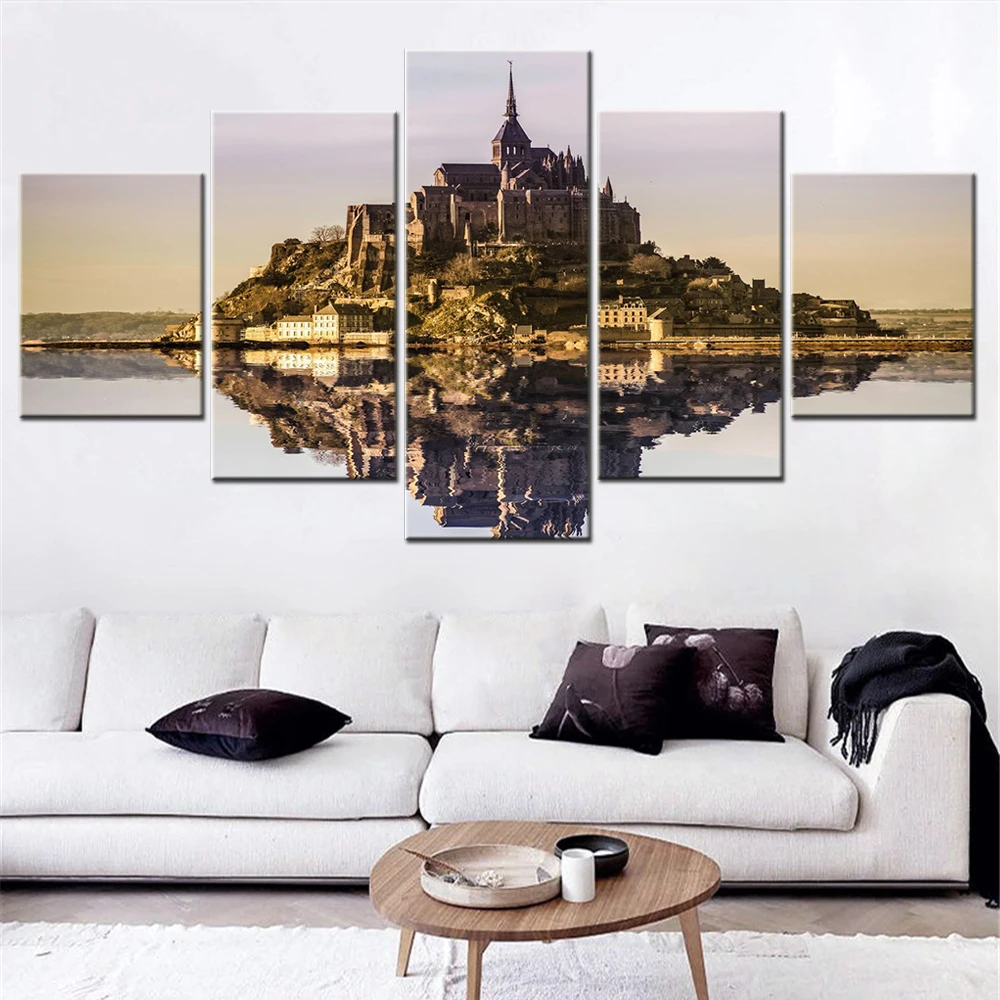 5 Pieces Canvas Painting Pictures Landscape Mont Saint Michel Poster Print Modern Wall Art Home Decorative Living Room Artwork