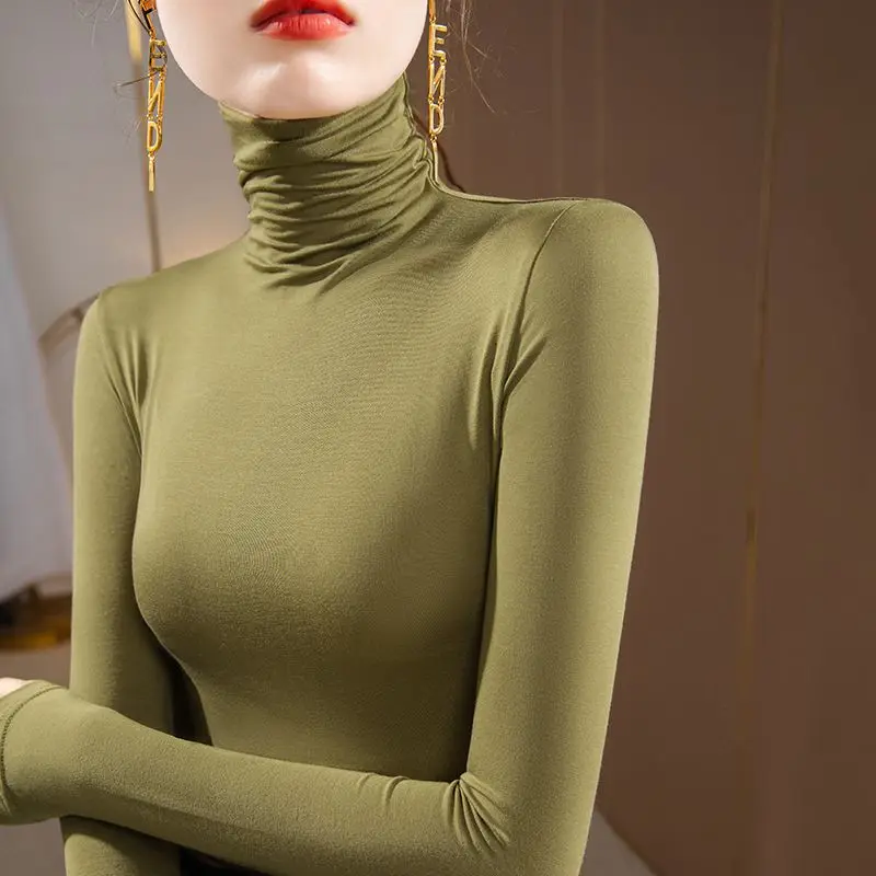 Army Green Modal Turtleneck Base Shirt Autumn Winter 2024 New Tight Inner Top Pile Pile Collar Long-sleeved T-shirt Woman tops