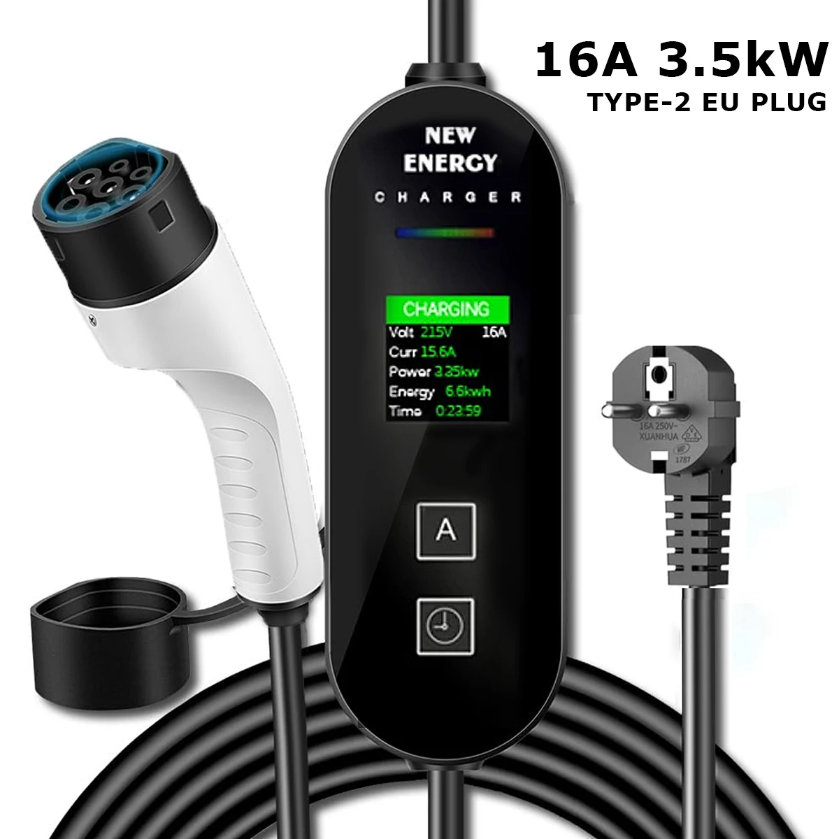 

Portable 16A 3.5kW EV Charger Color LCD screen Type 2 EU Plug Charging Box Charging Station for Electric Car Charger