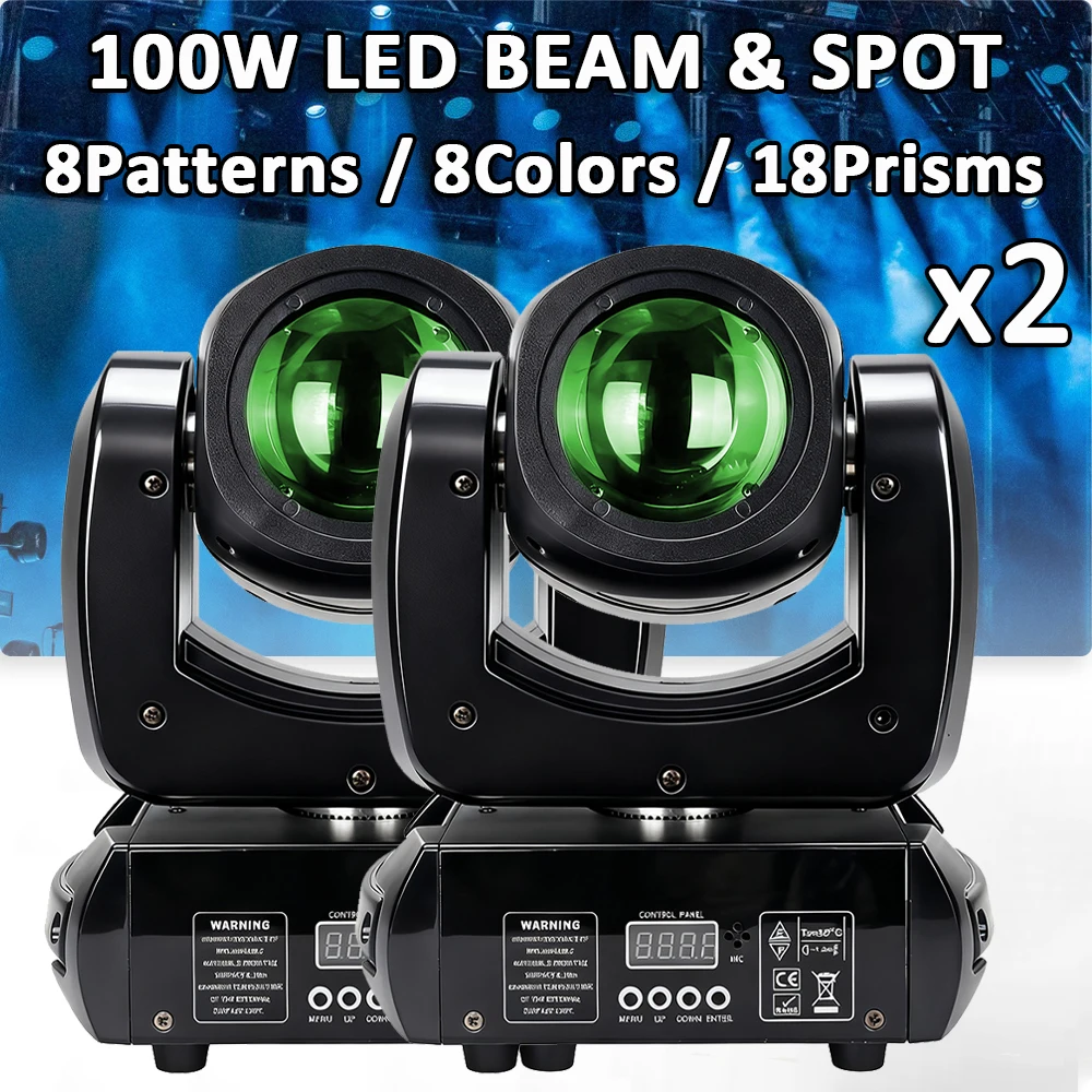 

2Pcs/lot 100W LED Beam Spot Moving Head Light With 18 Rotating Prism Rainbow Effect DMX512 Disco Party CLub Stage Lights