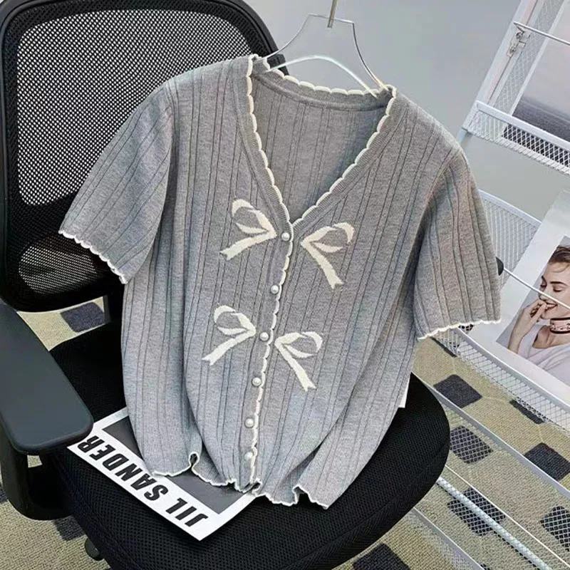 

2025 Summer Short Sleeve Thin Sweater For Women Korean Fashion Tops Y2K Clothes Woman V Neck Knitted Cardigan Sweaters Female