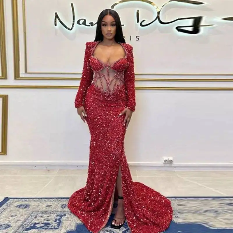 Missord Women's Red Sequin Prom Dress Elegant Sweetheart Neck Long Sleeve See-through Bodycon Mermaid Party Evening Gown