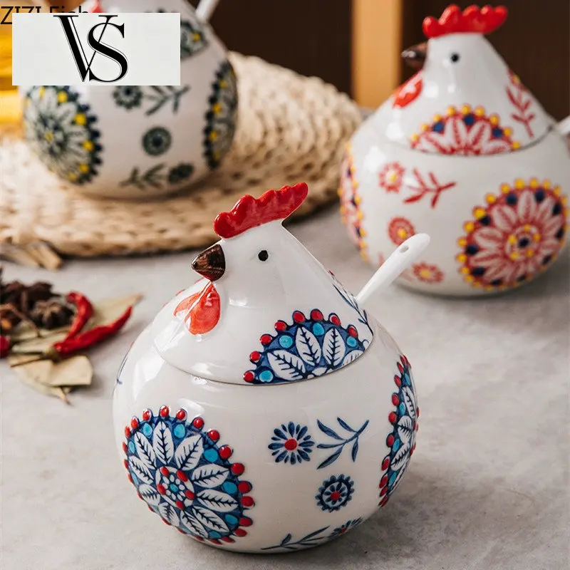 Lid with Kitchen Salt Sugar Pepper Nordic Storage Household Seasoning Tools Creative Seasoning Rooster Jar Ceramic Spice Jar