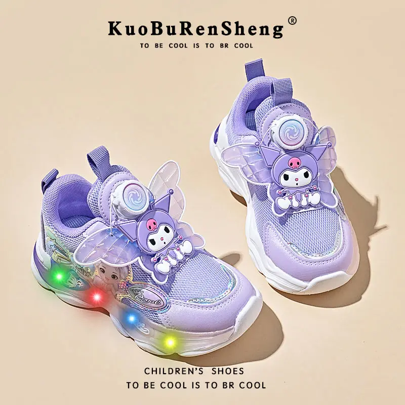 Kawaii sanhos Anime Kuromi Kids Sneaker Shoes Cartoon Soft Sole antiscivolo primavera autunno Outdoor Sport Glow Run Shoes Girl Gift