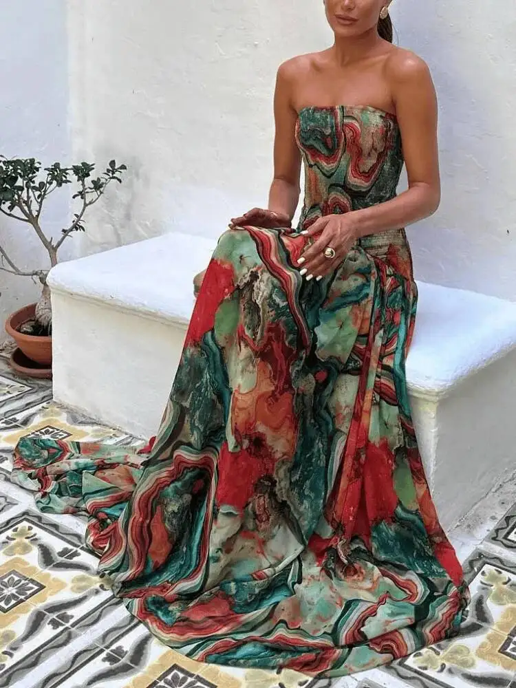 

Women’s Vintage Printed Strapless Maxi Dress Elegant Fashion Colorful Waist Pleated Long Dresses Summer Chic Vacation Party Robe
