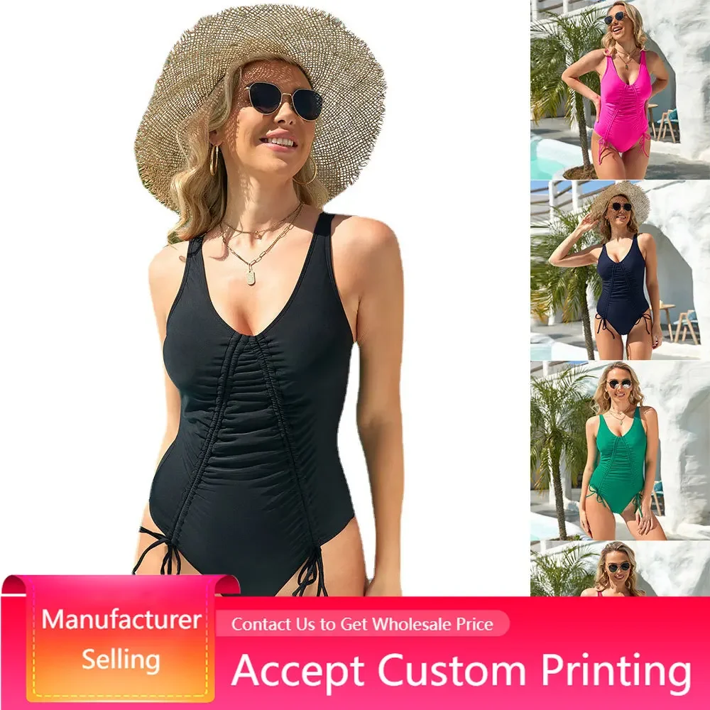 

Solid Color Women's One-piece Bathing Suit High Waist Drawstring Sexy Bikini Beach Wear Swimwear Fitness One Piece Swimsuit