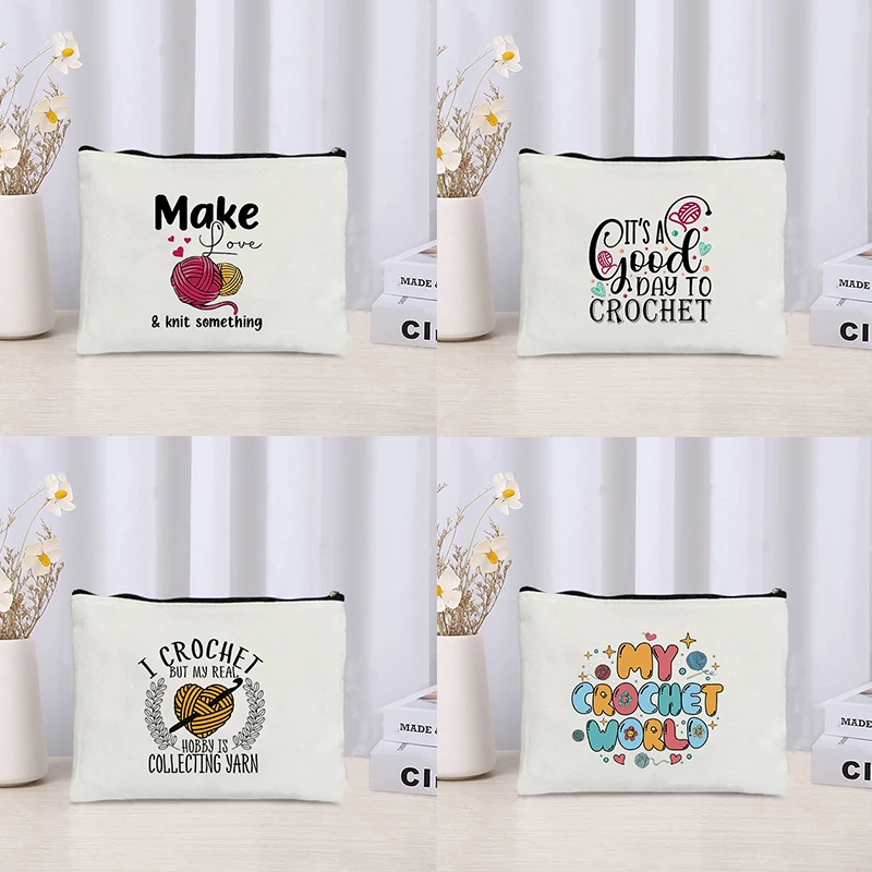 Make Love Knit Something Storage Zipper Bag Canvas Cosmetic Bags Travel Perfume Lipstick Pouch Wallet Gift for Knitting Lovers