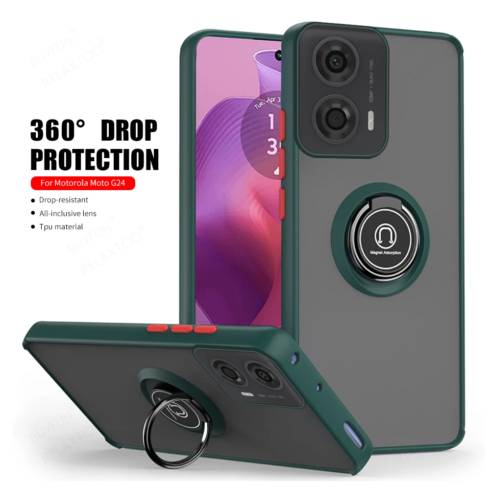 MotoG24 Case Hard PC Back Cover For Motorola Moto G24 4G Magnet Holder Ring Armor Shockproof Coque Moto Rola G 24 Power G24Power