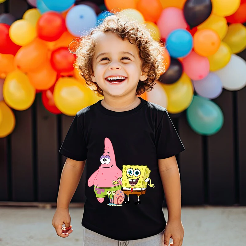 SpongeBob SquarePants kids T-shirt pure cotton short-sleeved cartoon top black children's clothing for boys and girls