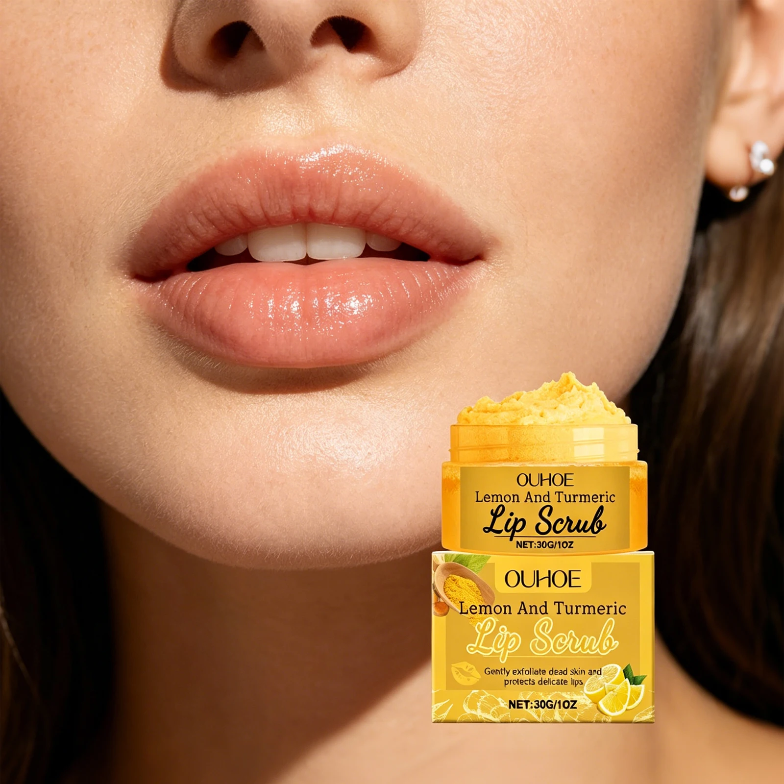 OUHOE 30g Lemon Turmeric Lip Scrub Gentle Exfoliator Moisturizing Nourishing Care For Soft Smooth Lips Daily