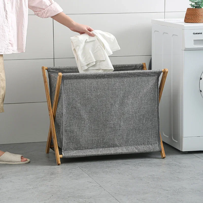 Folding Wood Laundry Hamper Cart Collapsible Clothes Basket with Removable Fabric Liner X-Frame Design for Easy Sorting