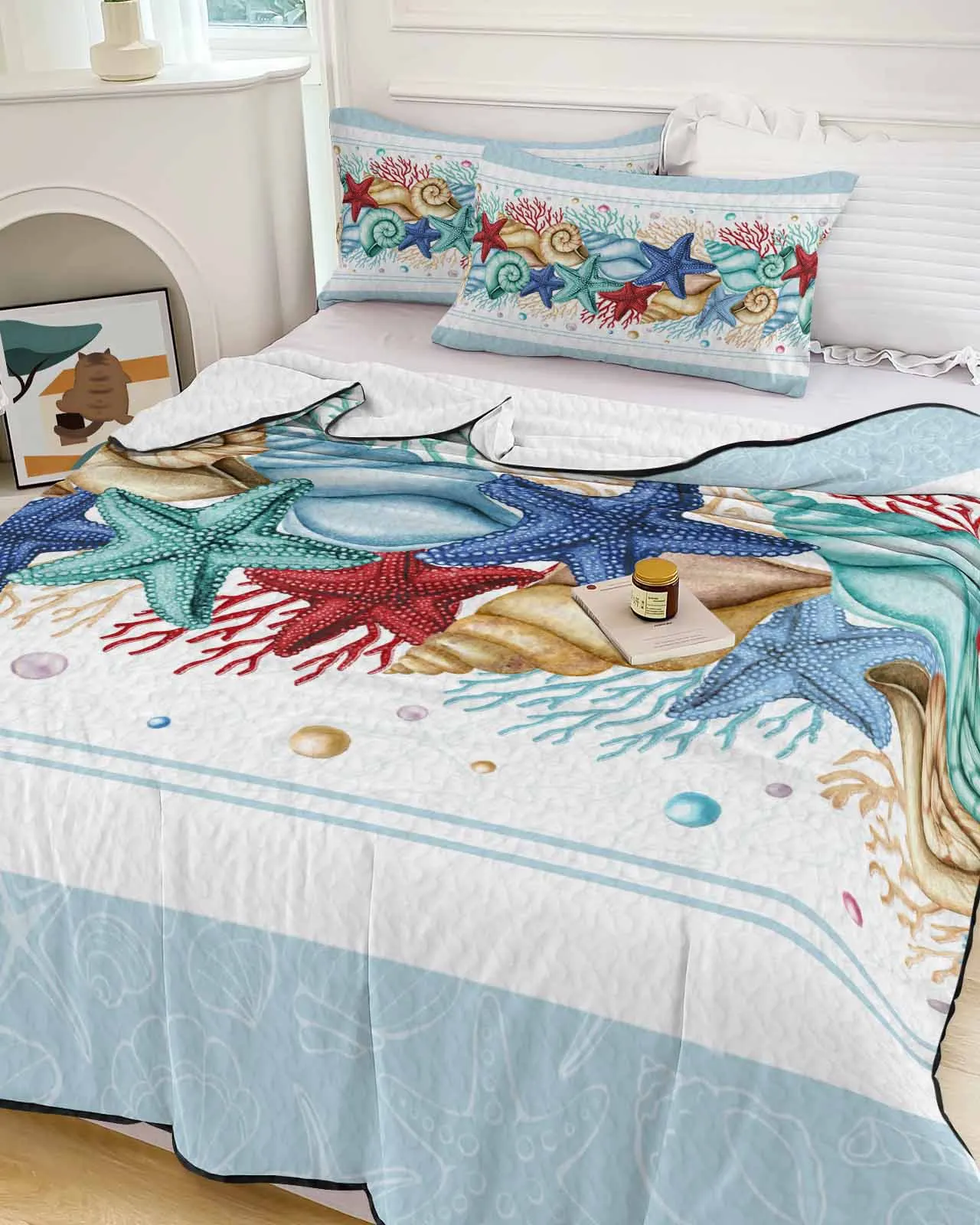 Ocean Watercolor Starfish Shell Coral Sky Blue Summer Cooling Quilt Air Condition Blanket Comfortable Lightweight Thin Quilt