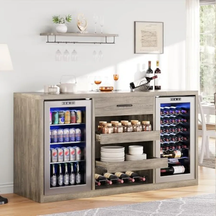 

Large Coffee Bar Cabinet with Fridge Space Mini Fridge Cabinet with Power Outlets and Glass Holder Farmhouse Design Liquor Cabi