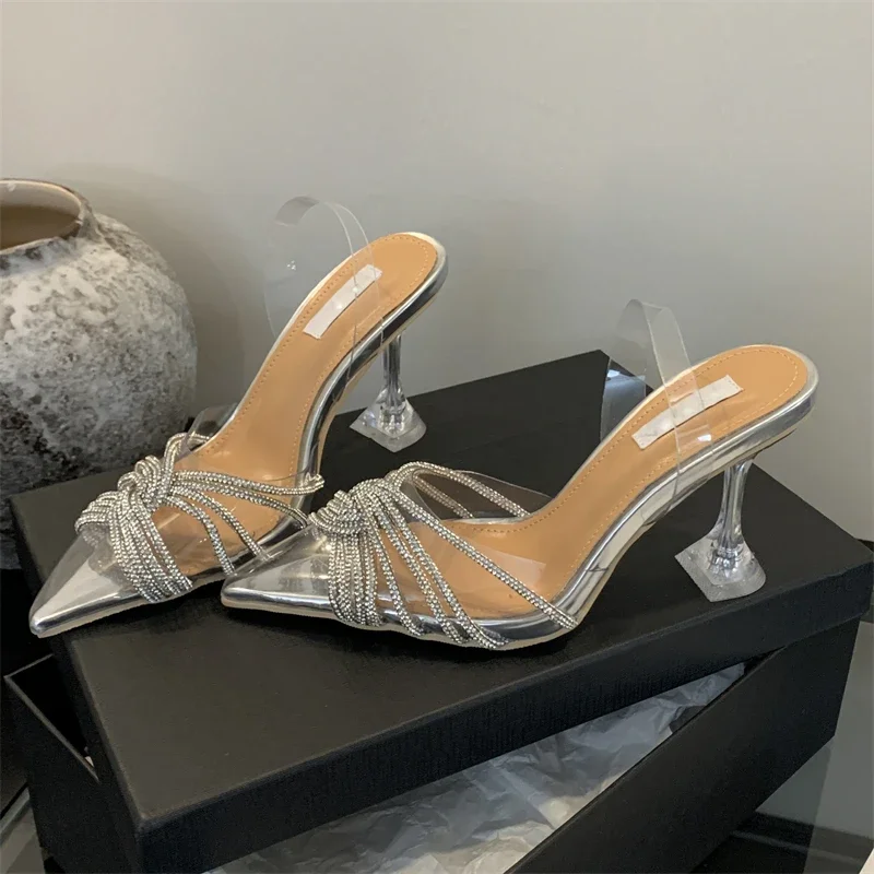 Eilyken Elegant Silver Slingbacks Women Pumps Fashion CRYSTAL PVC Transparent Pointed Toe Clear High Heels Ladies Shoes