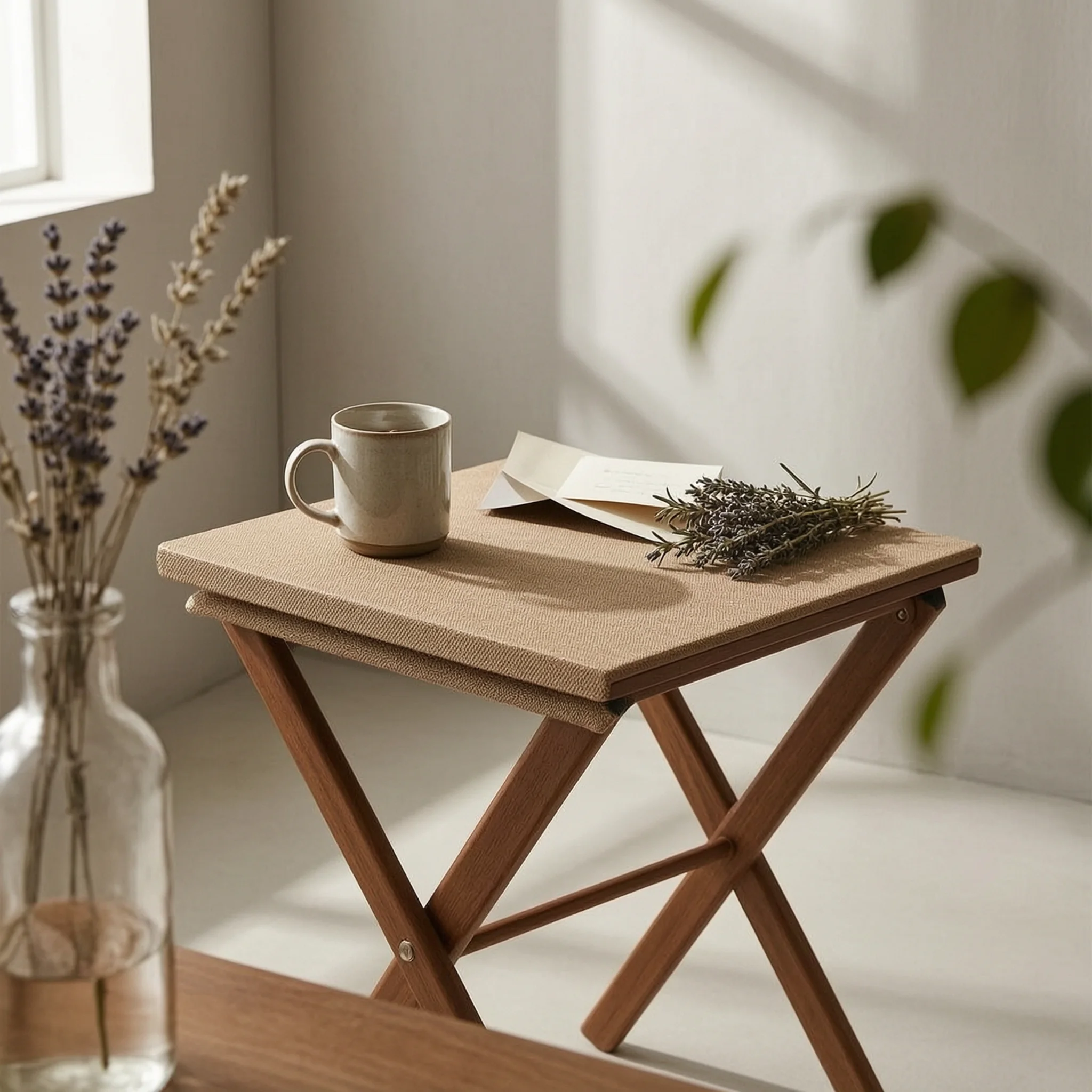 Table de patio carrée en bois avec pieds croisés pliables, légère et facile à déplacer, mobilier pour la maison, le balcon ou le salon