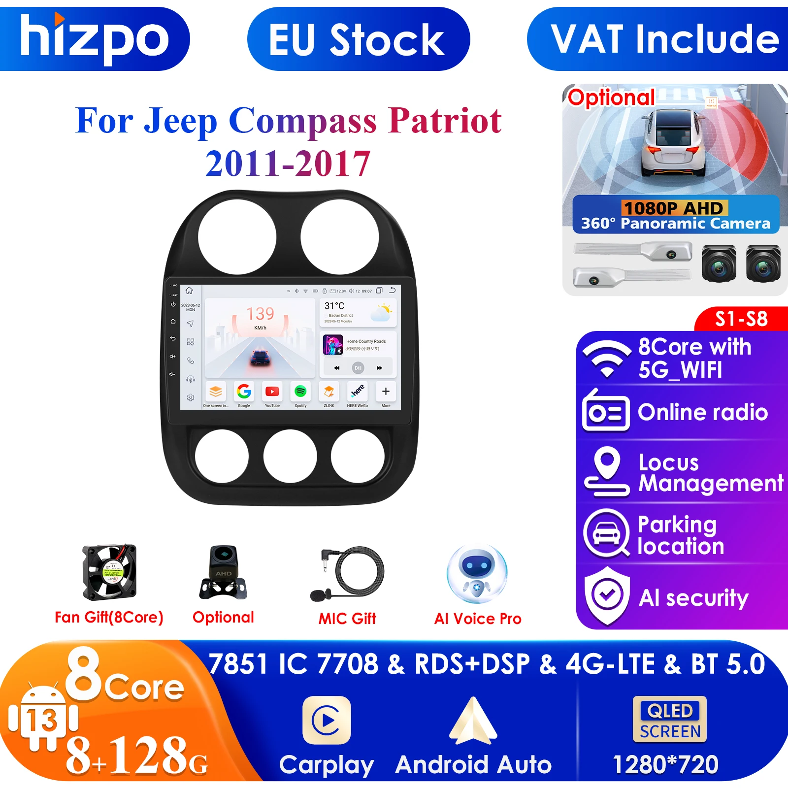 Hizpo 10.1inch 7862 Car Intelligent Screen Android Car Radio for Jeep Compass Patriot 2011 - 2017 Navigation GPS Carplay 4G WIFI