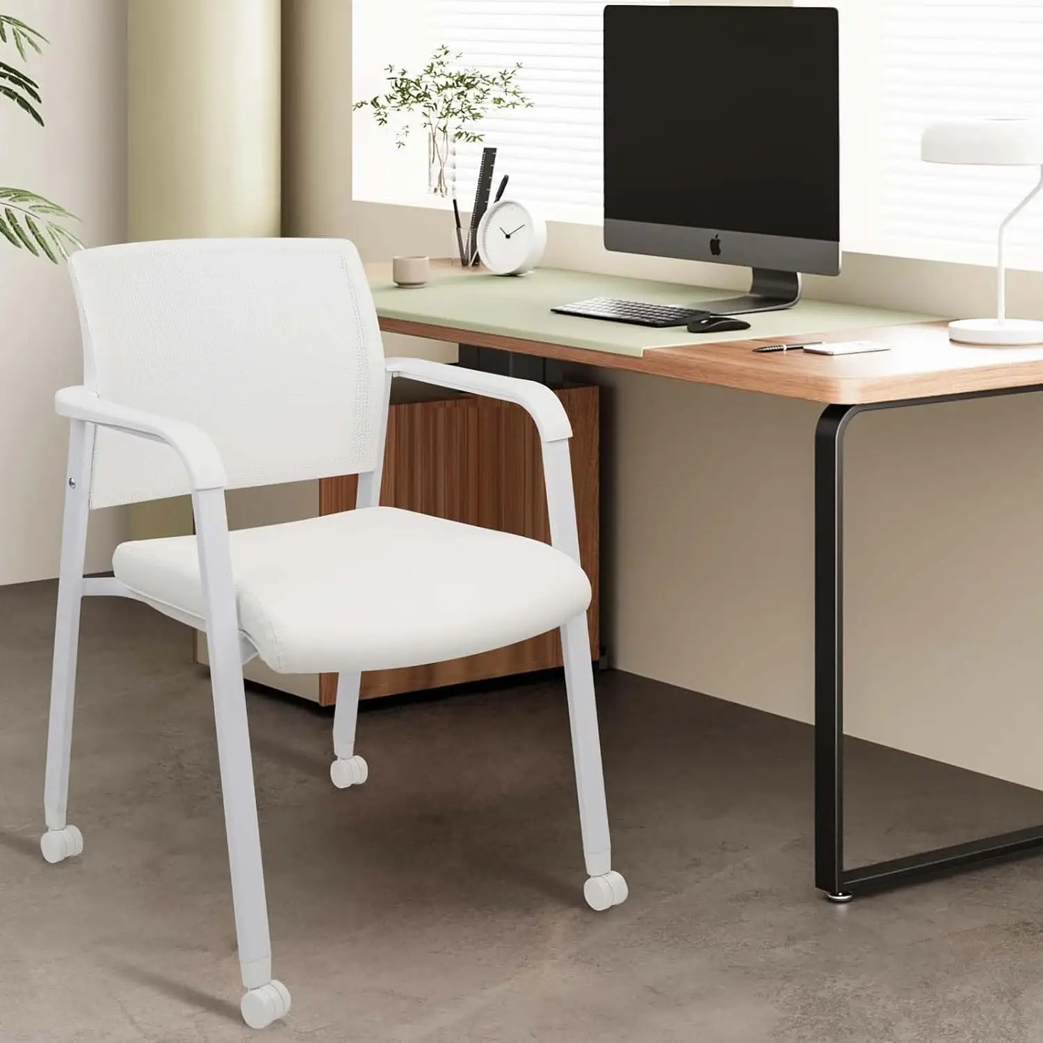 Mesh Office Chair With Wheels, Leather Seat & Armrests, Lumbar Support For School Desk Reception Conference, White, Customized