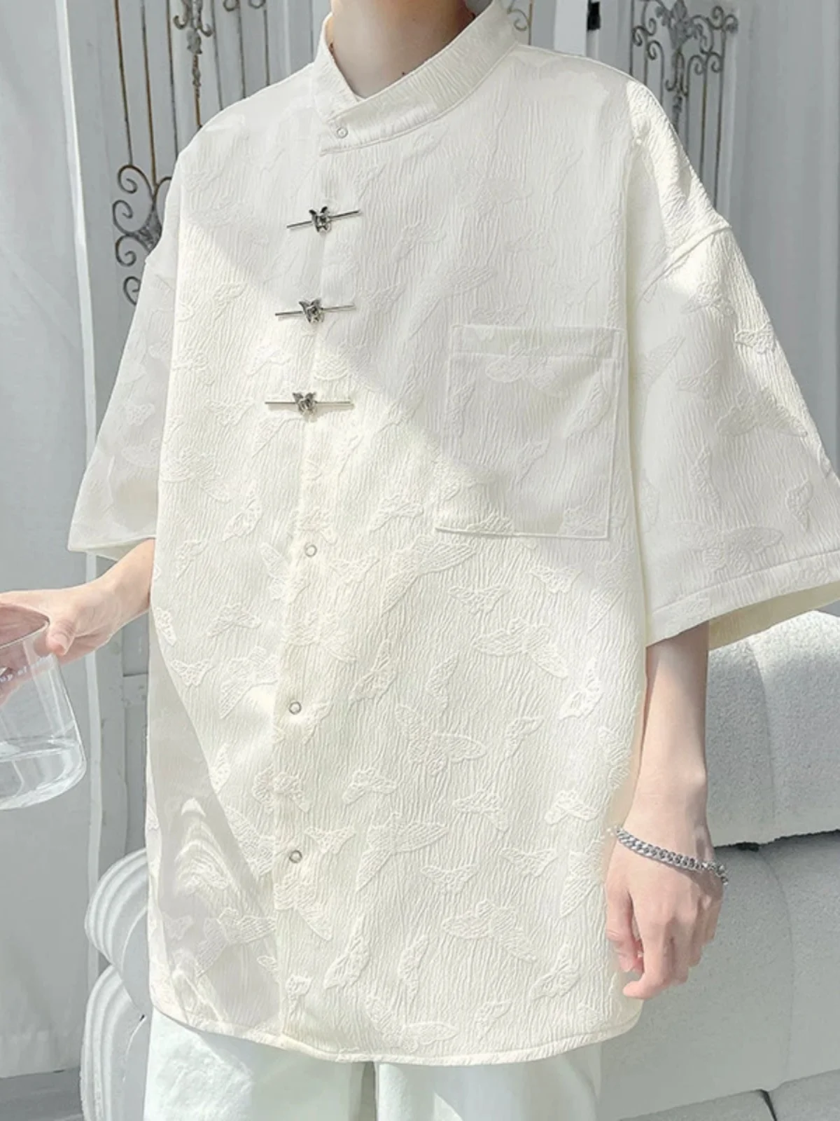 

New Chinese Style Men's Short Sleeve Shirt Five-Quarter Sleeve Stand Collar Trendy Brand Outerwear Breathable Summer Fashion