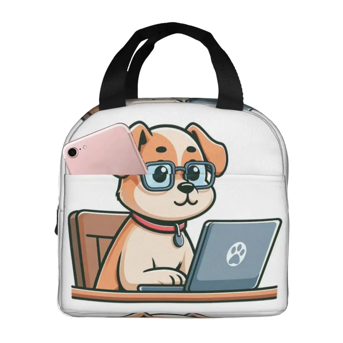 Cute Dog Puppy Looks At Computer Insulated Lunch Bag for Kids School Cooler Thermal Food Box Tote Lunch Boxes Container
