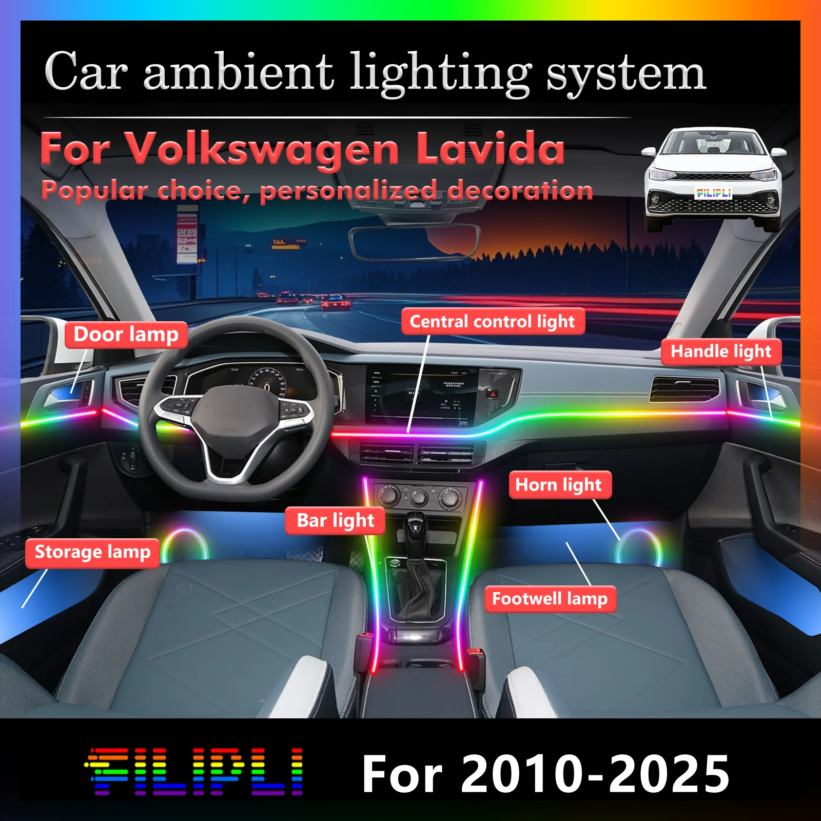 10 In1 for Volkswagen Lavida series PQ34‌ MQB Car LED Ambient Lamps Colorful Atmosphere Lights Auto Interior Neon Strip 64 RGB