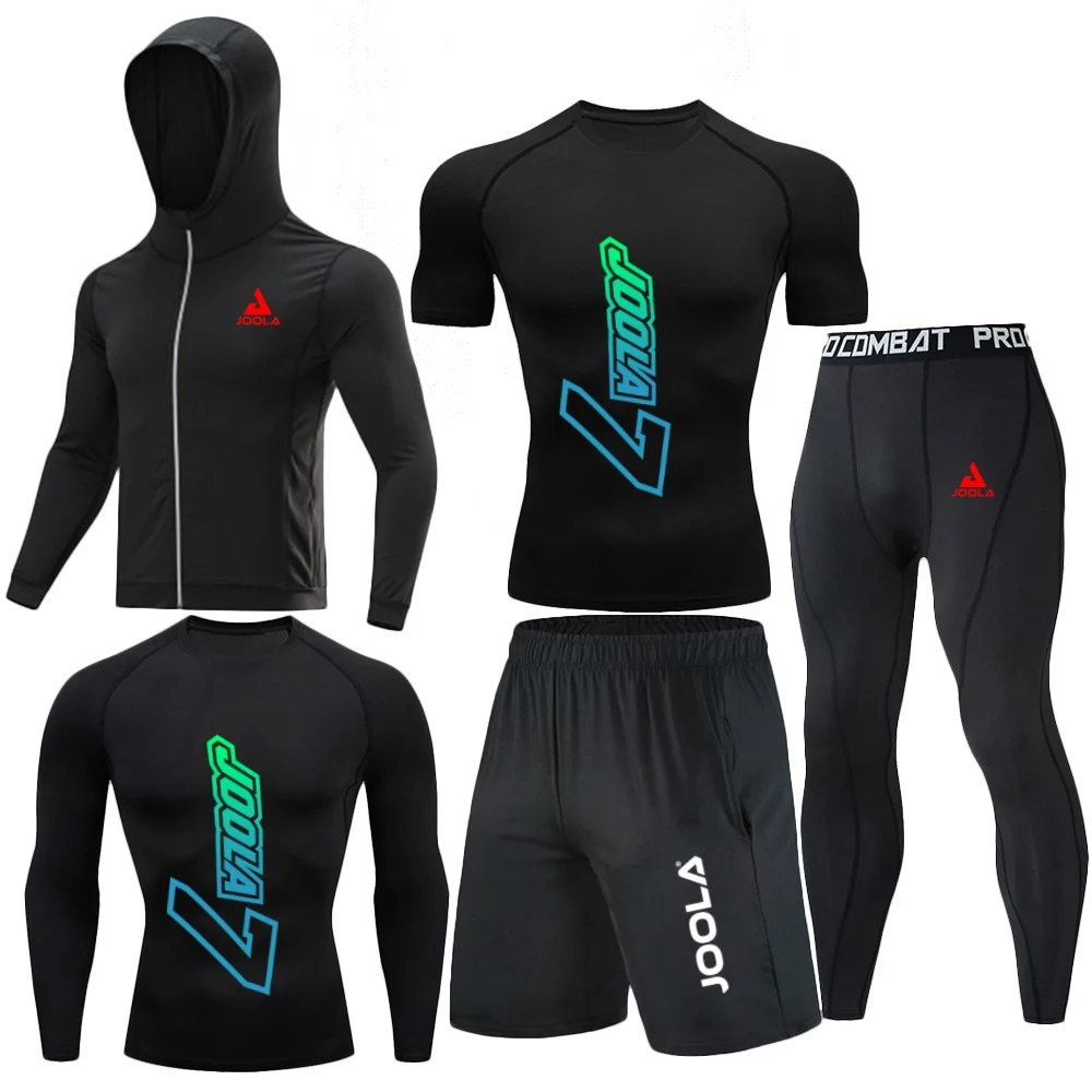 NEW Gradient Arrow Print 5Pcs Sportswear Set Men Quick Dry Hoodie T-Shirt Shorts Leggings Training Suit