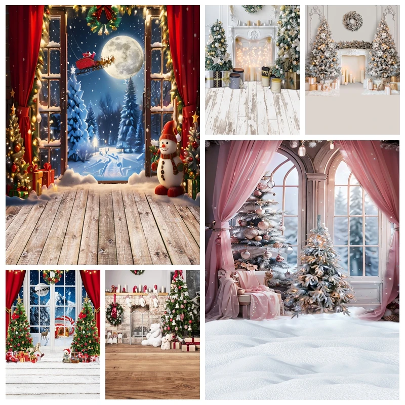 

Merry Christmas Backdrop for Photography Wooden Floor Fireplace Xmas Tree Gift Winter Snow Baby Portrait Background Photo Studio