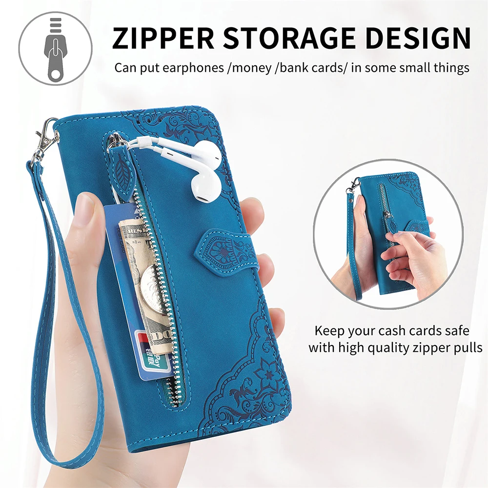 Zipper Wallet Flip Case For OPPO Reno 4 4Z 5 5Z 5A 6 Pro Plus 6Z 7 SE 7A Reno7 5G Find X2 Neo X3 Pro X5 Lite Girls Phone Cover