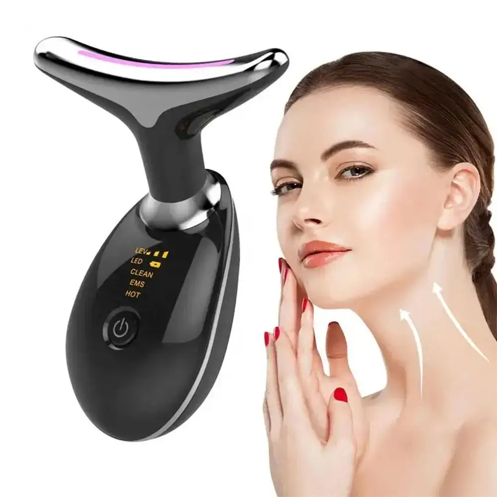 Neck Face Lifting 7 Color LED Photon Therapy Heating Microcurrent EMS Vibration V Line Chin Facial Slimmer Anti Wrinkle Massager