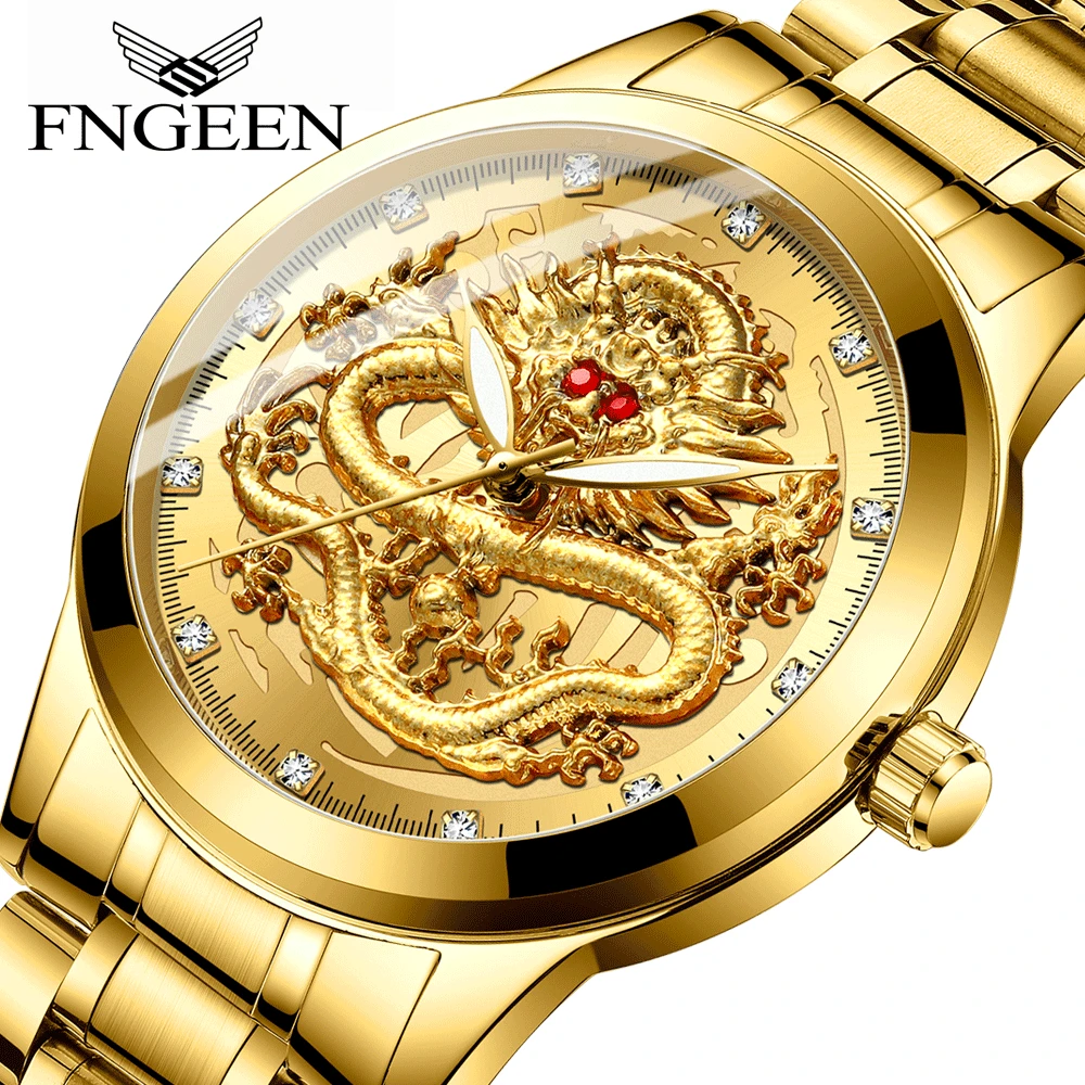 FNGEEN coppia Luxury Full Gold Clock Big Dial Dragon Phoenix impermeabile uomo donna calendario luminoso data orologi al quarzo rotondi