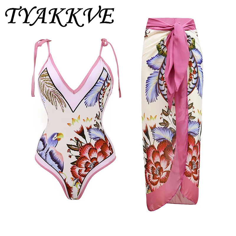 

TYAKKVE New Camisole One Piece Swimsuit Retro Black Pink Color Matching Printed Sexy Beach Dresses Swimwear Female Two Piece Set