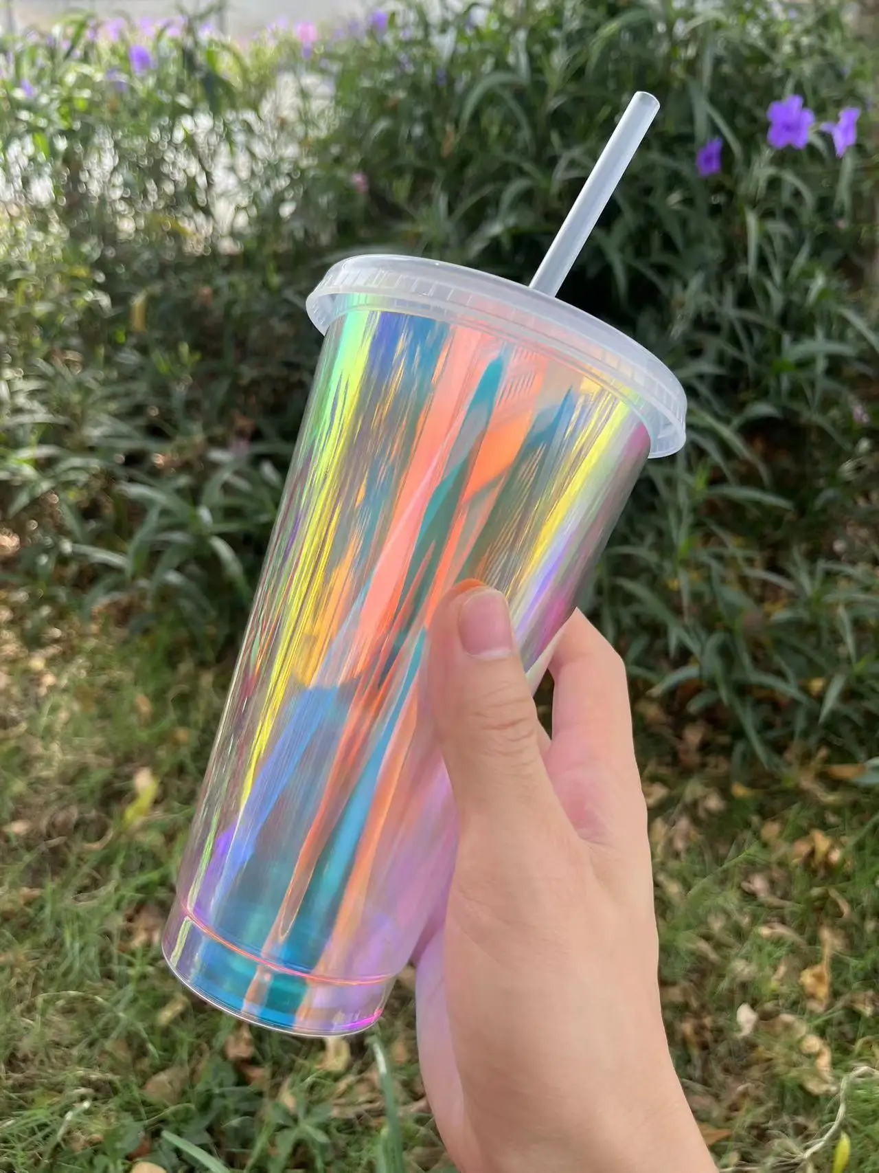 reusable 710ml 24oz 700ml metallic plastic holographic cup hologram cup foil cup laser cup with straw and lid