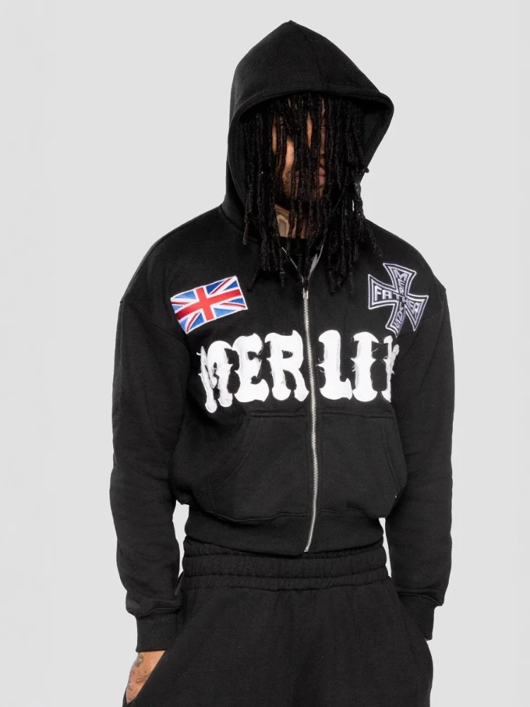 

Dark foam letter embroidered hooded sweatshirt for men and women, autumn and winter American retro pocket jacket