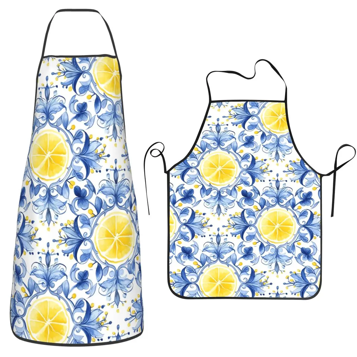 Sicilian Inspired Blue Tile Yellow Lemons Apron Chef Cooking Tablier Sleeveless Bib Kitchen Cleaning Pinafore for Women Men