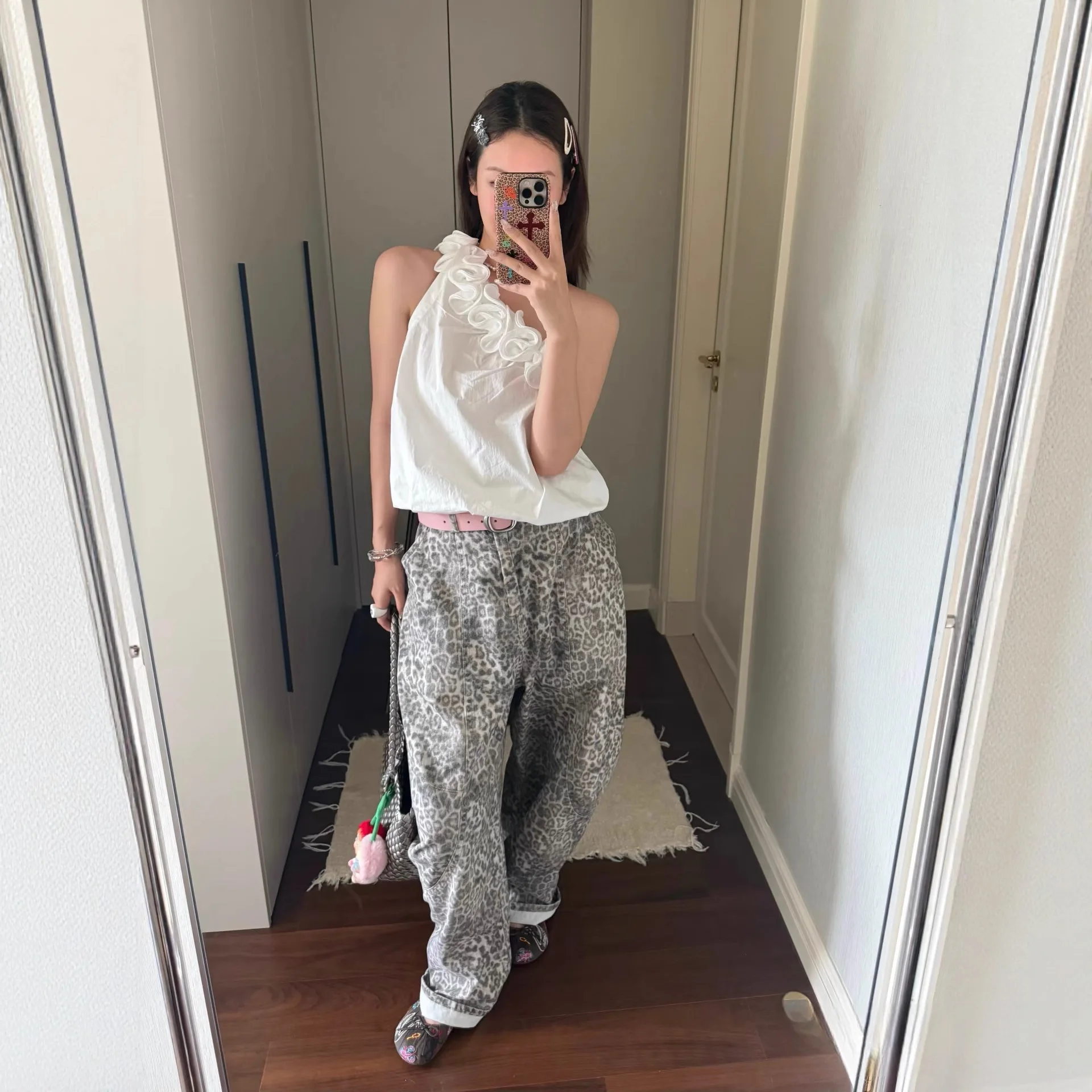 

Retro Washed Leopard Print High Waist Wide Leg Jeans Women's Loose Fit Fashionable Floor-Length Slouchy Pants