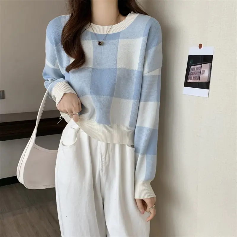 Pullover Kurze Ernte Runde O Neck Plaid frauen Pullover Moderne Lange Ärmel Stricken Tops für Frau Koreanische Mode Harajuku Streetwear