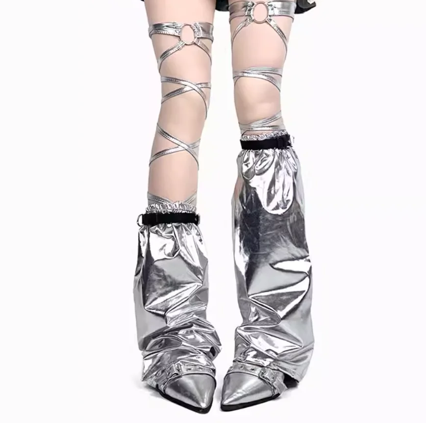 Y2K Futuristic Metallic Silver Leg Sleeves, Alt Girl Streetwear Sock Covers Girls Dancing Punk Leggings R2560