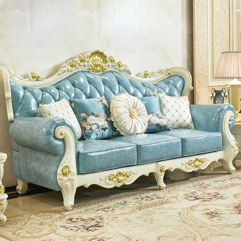 European leather sofa living room combination solid wood carving flower