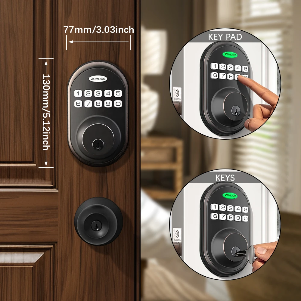 ZOMOSS Keypad Door Lock-Keyless Entry Door Lock Front Door Lock With Key/20 Code Smart Deadbolt Lock-Auto Lock Easy To Install