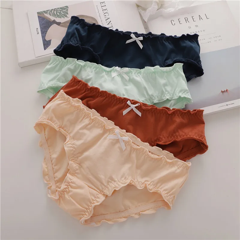 Panties Women Low Waist Wooden Ear Edge Cute Simple Japanese Girls Briefs Cotton Breathable Seamless Comfortable Underwear