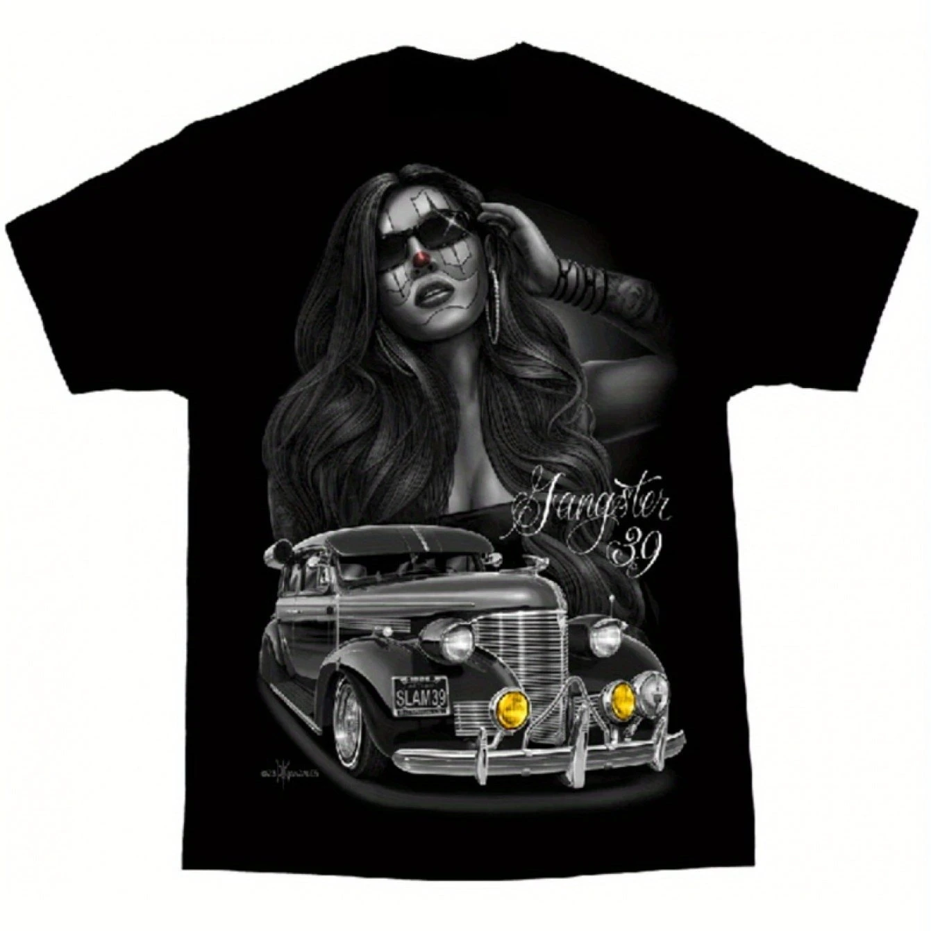 Camiseta Masculina DGA David Gonzalez Estilo Gangster Número 39 Arte Chicana de Perfil Baixo
