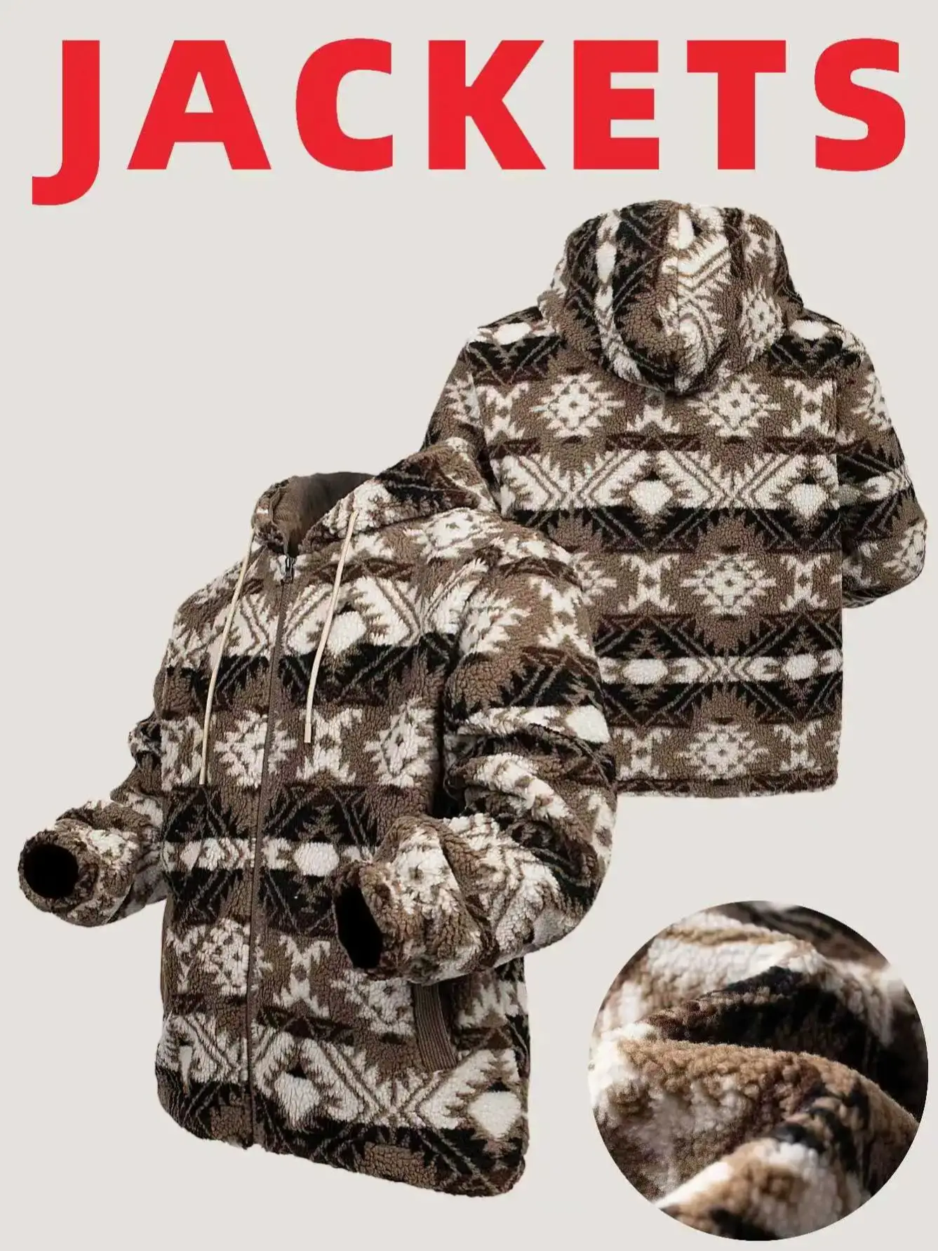 Men's Winter Polar Fleece Jacket Retro Style Fluffy Plush Casual Outwear - Harajuku Print Coats Streetwear